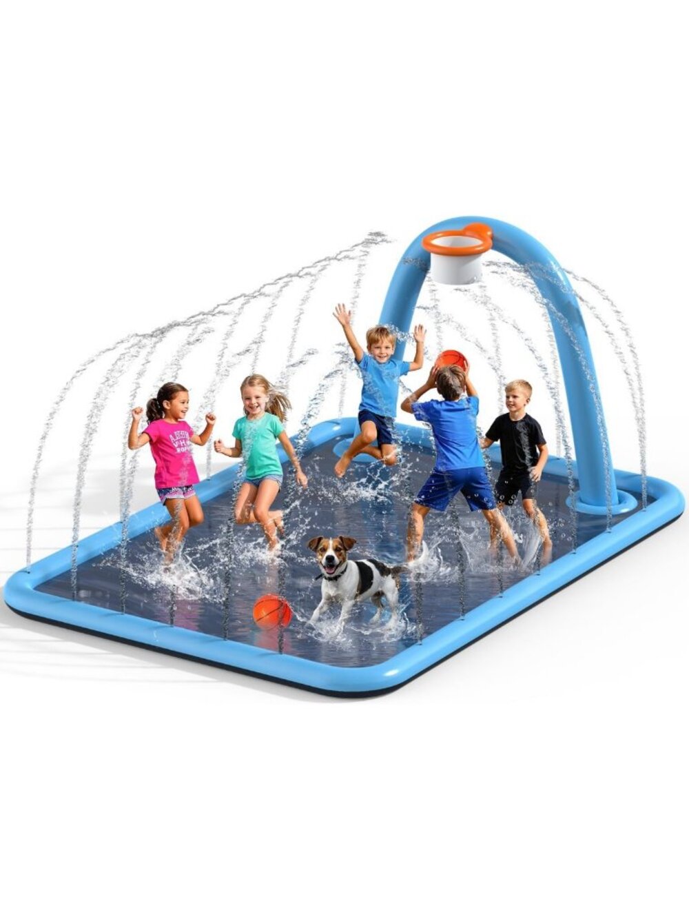 Large Splash Pad for Kids & Dogs, Non-Slip Water Play Mat with Basketball Hoop
